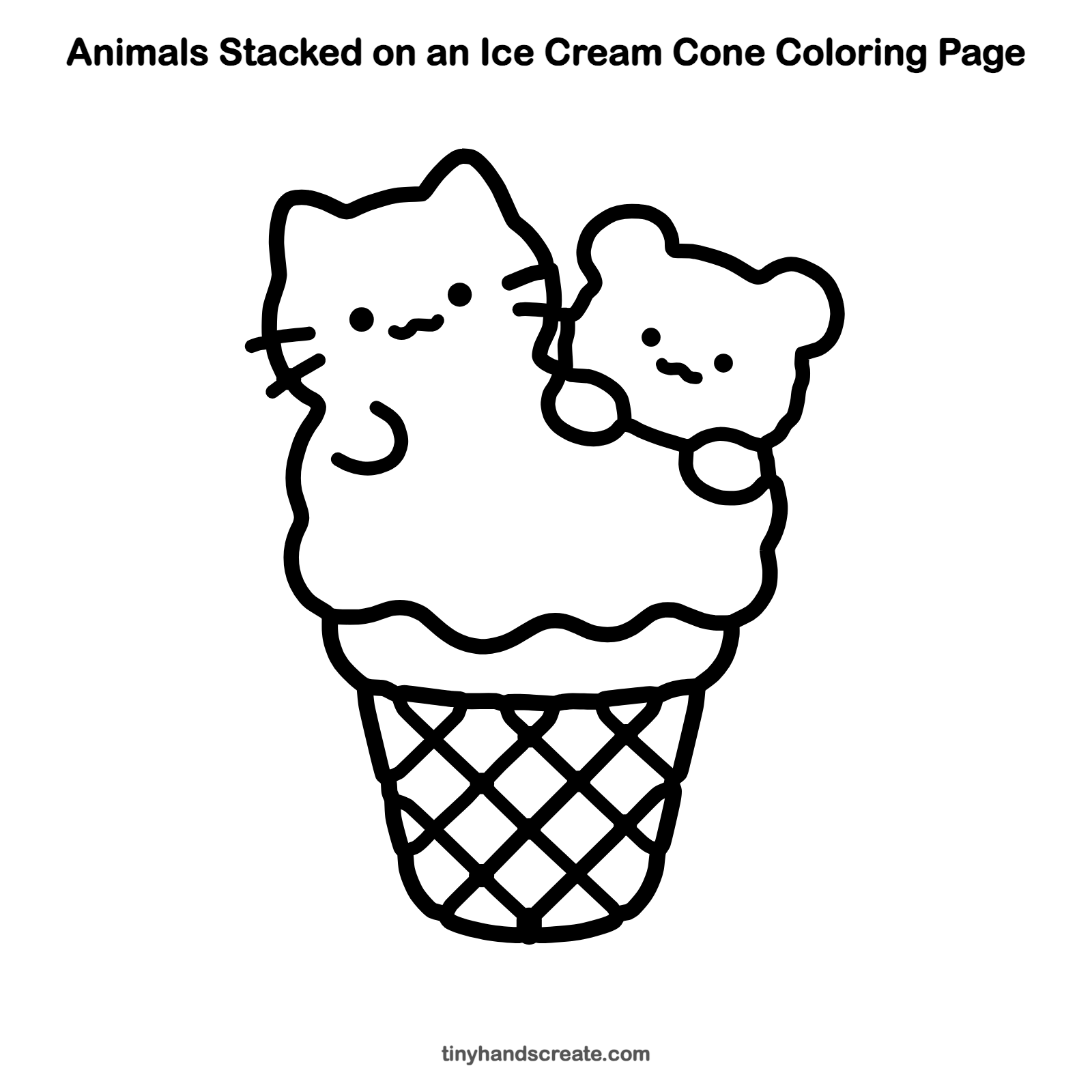 Free printable animals stacked on an ice cream cone coloring page for kids