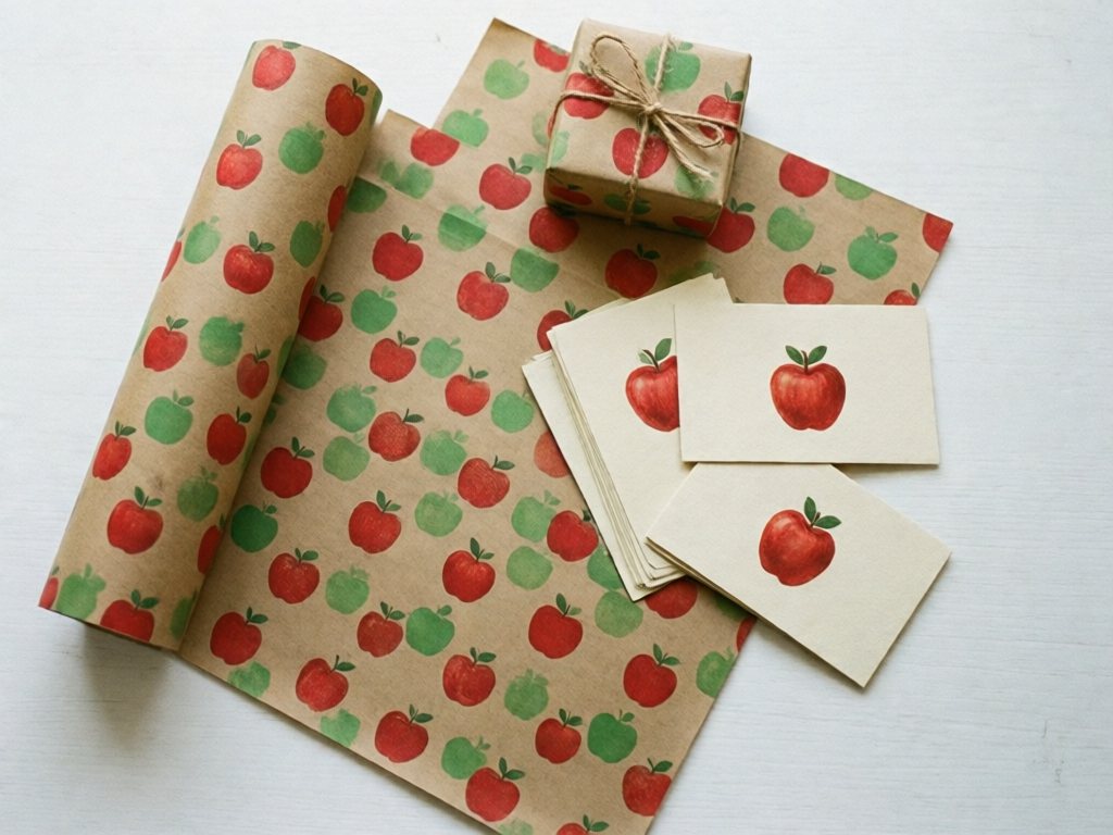 Brown kraft wrapping paper with red and green apple prints, a wrapped gift box and stamped cards