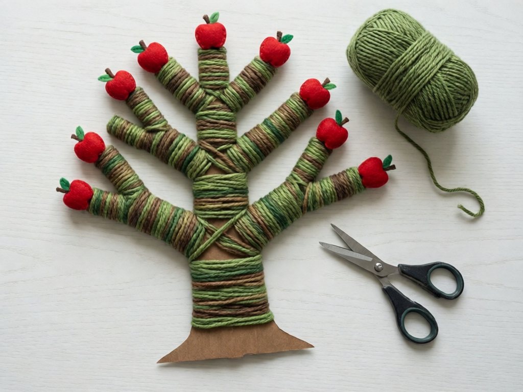 Brown cardstock tree with yarn-wrapped branches and small red felt apples