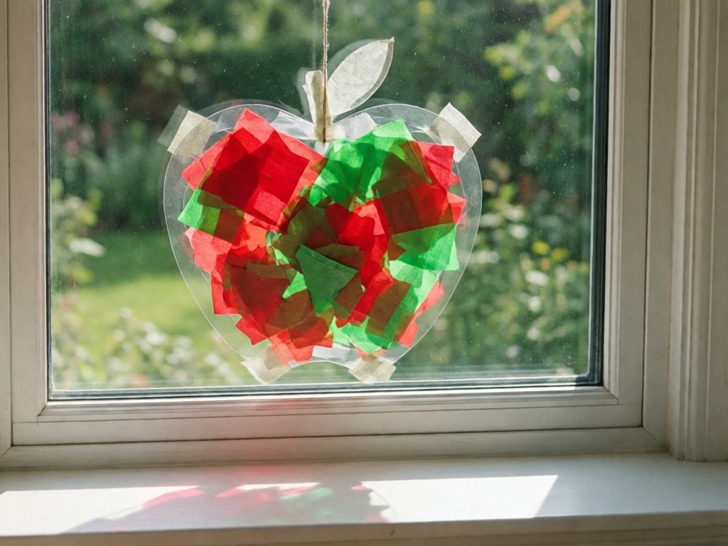 Apple-shaped tissue-paper suncatcher taped to a sunny window with light shining through