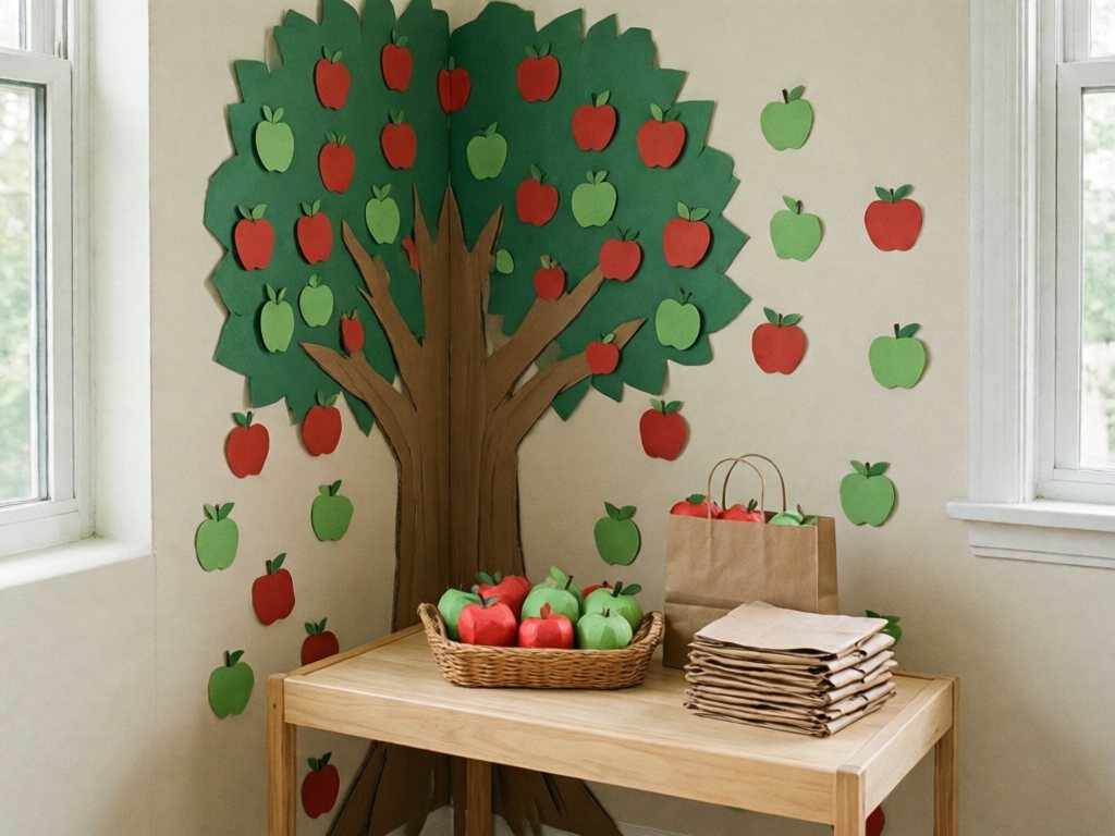Living-room corner with a cardboard apple tree on the wall and a small apple stand with paper apples and bags