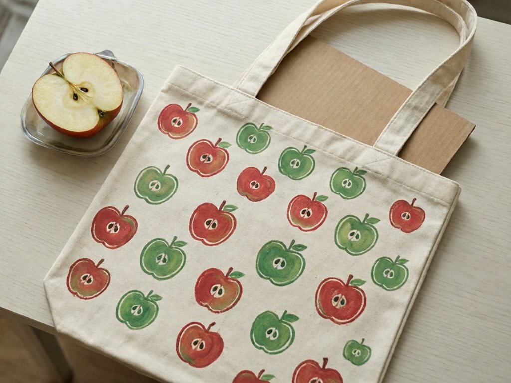 Cream canvas tote bag stamped with red and green apple prints beside a cut apple half on a tray