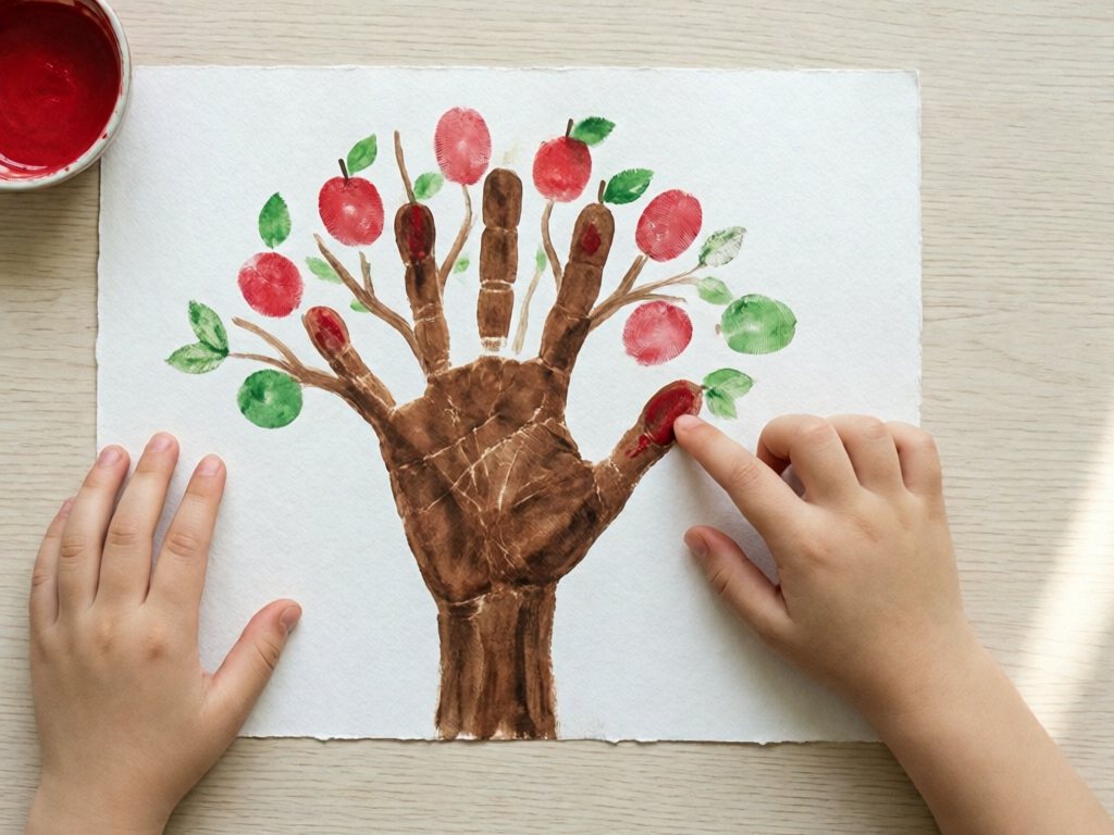 Brown handprint tree on watercolor paper with red fingerprint apples and a small hand adding another