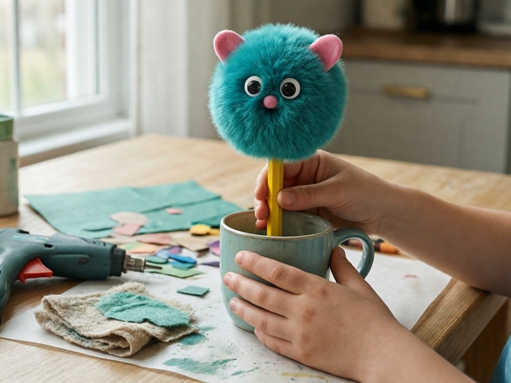 Pencil with a teal pom-pom topper, wiggle eyes and pink felt ears