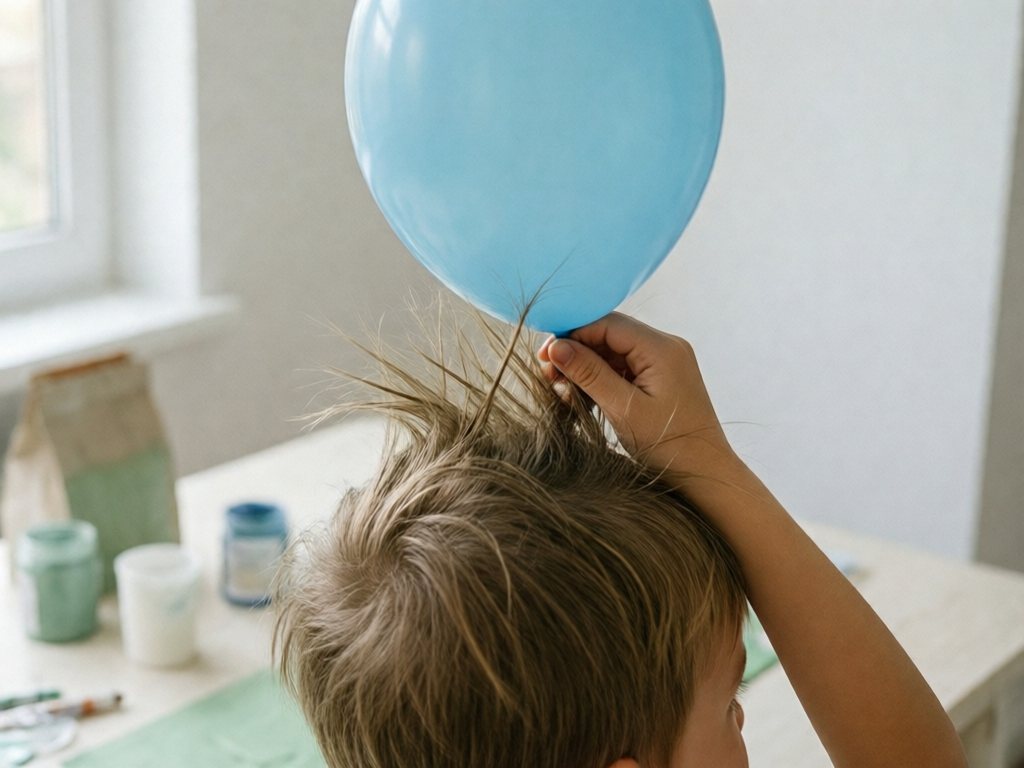 Child's hair standing on end toward a blue balloon held just above their head