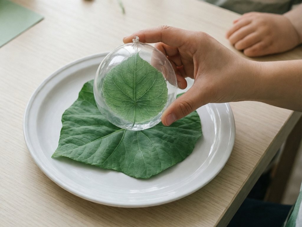 Hand holds a clear water balloon over a green leaf, magnifying the leaf's veins