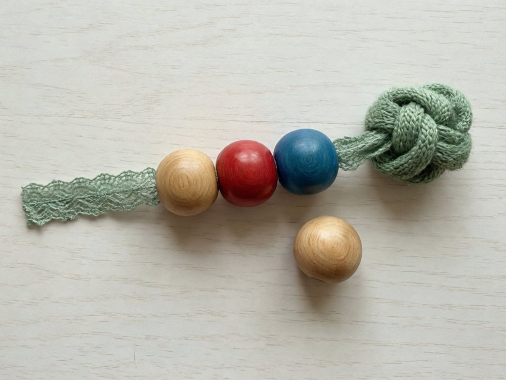 Three jumbo wooden beads threaded on a short stiff lace with a big knot