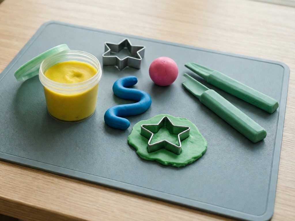 Play-doh, cookie cutter and chunky tools on a washable mat