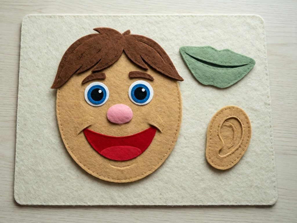 Felt board with a tan felt face and large eyes, nose and mouth