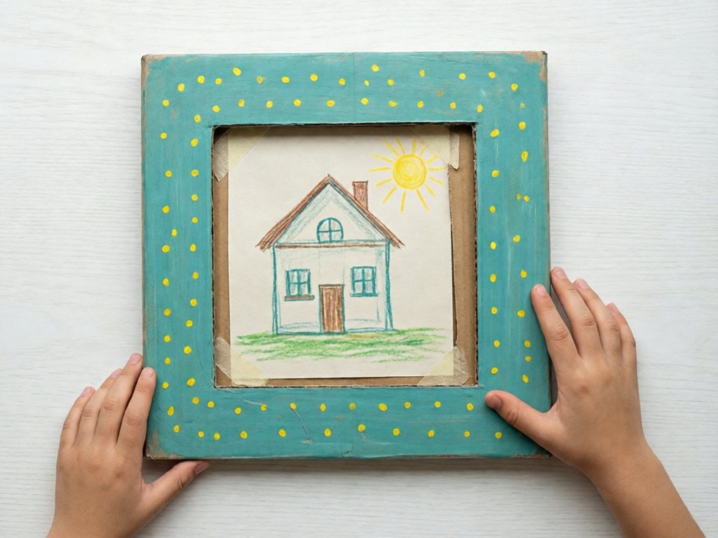 Teal painted cardboard frame holding a child's crayon drawing