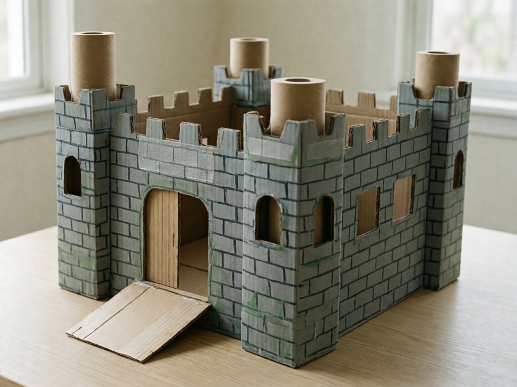 Gray painted cardboard castle with tube towers, battlements and drawbridge