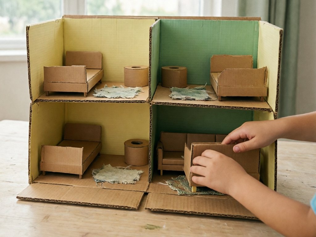 Open-front cardboard dollhouse with four rooms, box furniture and fabric rugs