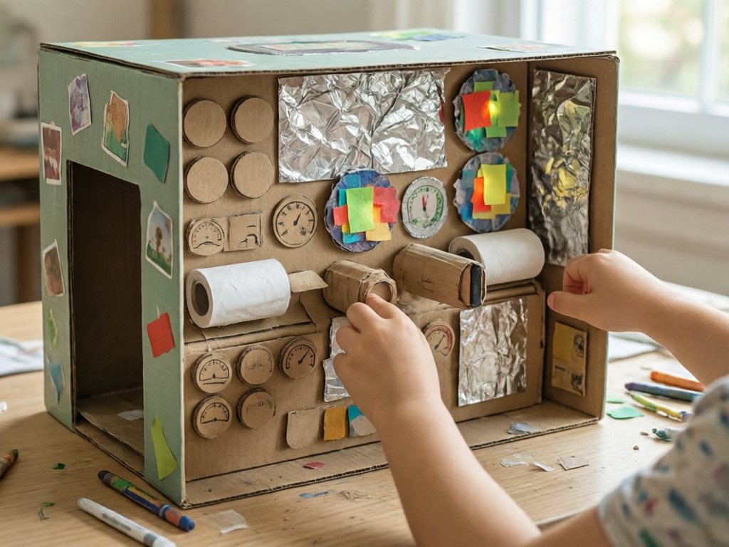 Cardboard spaceship control panel with foil, tube levers, tissue-paper lights and buttons