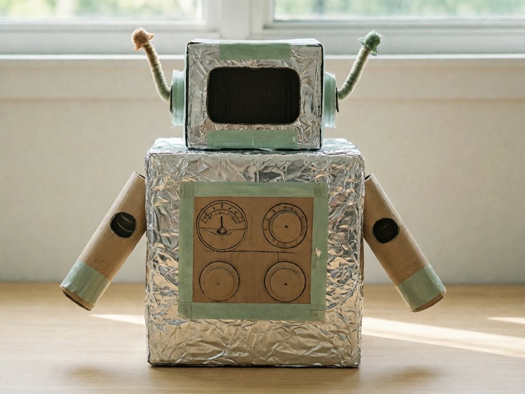 Foil-covered cardboard robot costume with tube arms, control panel and antennae