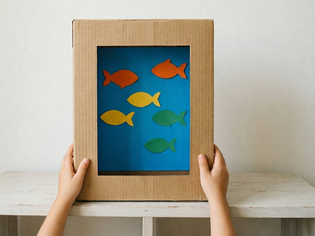 Cereal box aquarium with a blue interior and paper fish taped at different heights