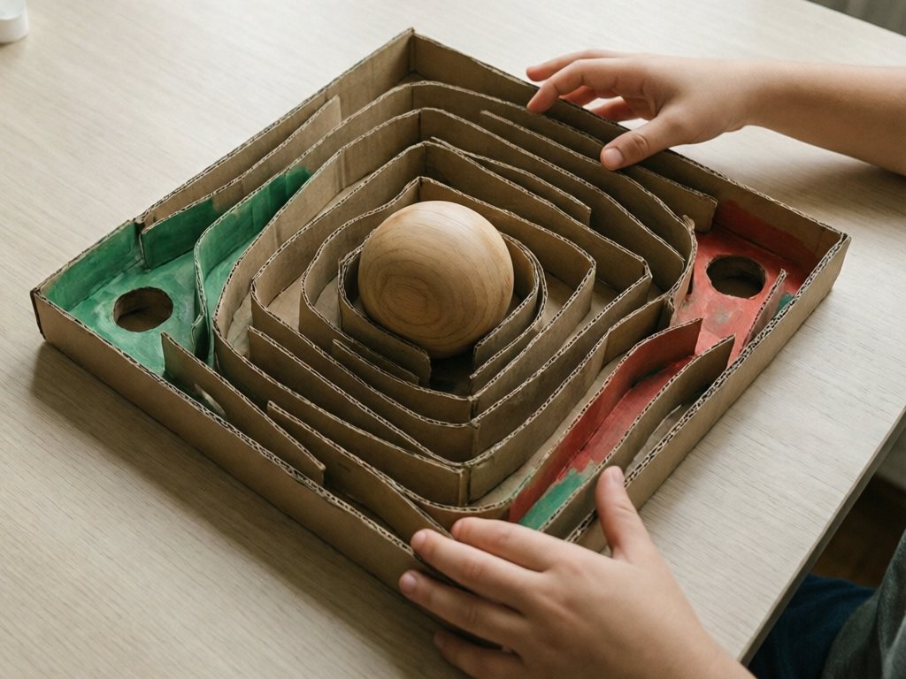 Cardboard box lid ball maze with cardboard strip walls and a large ball