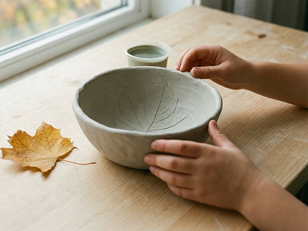 Child's hands shaping a shallow air-dry clay pinch pot with a leaf vein print inside