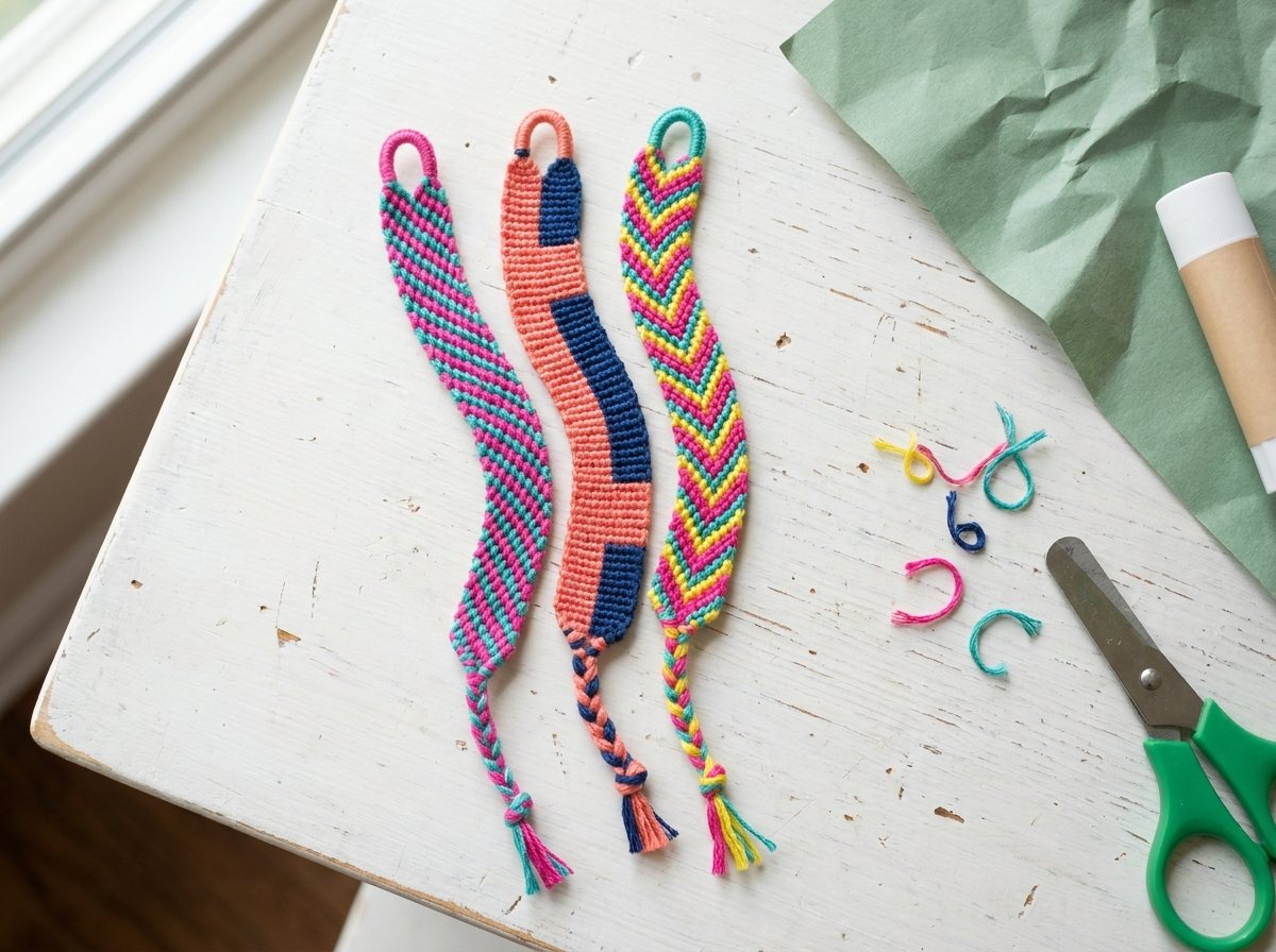 Three finished floss friendship bracelets: diagonal stripe, two-color block and chevron, laid on a white table