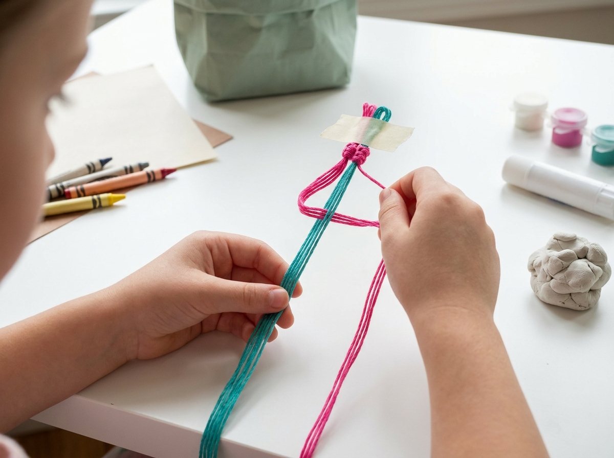 Child's hands tying a forward knot with pink and teal floss taped to a table