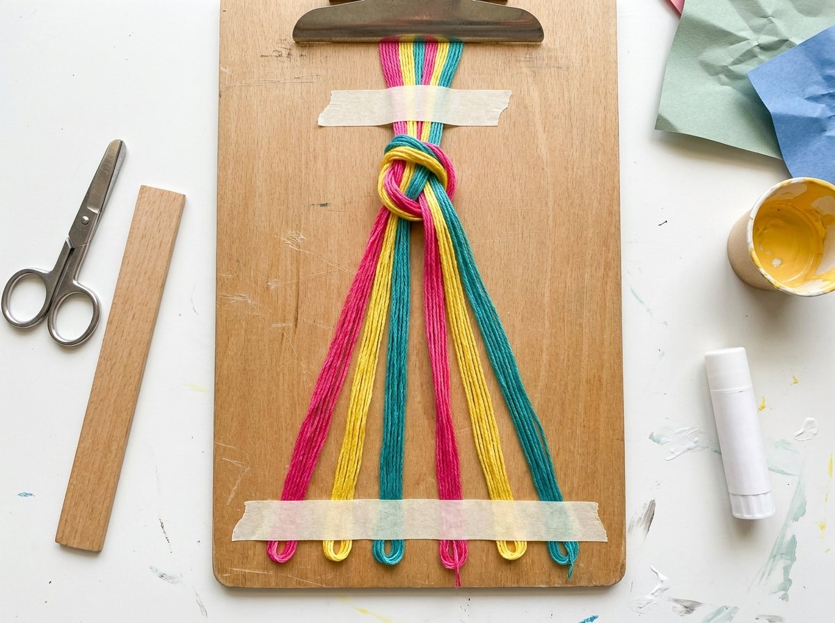 Floss strands fanned in order and taped to a clipboard with a second tape strip across the bottom ends