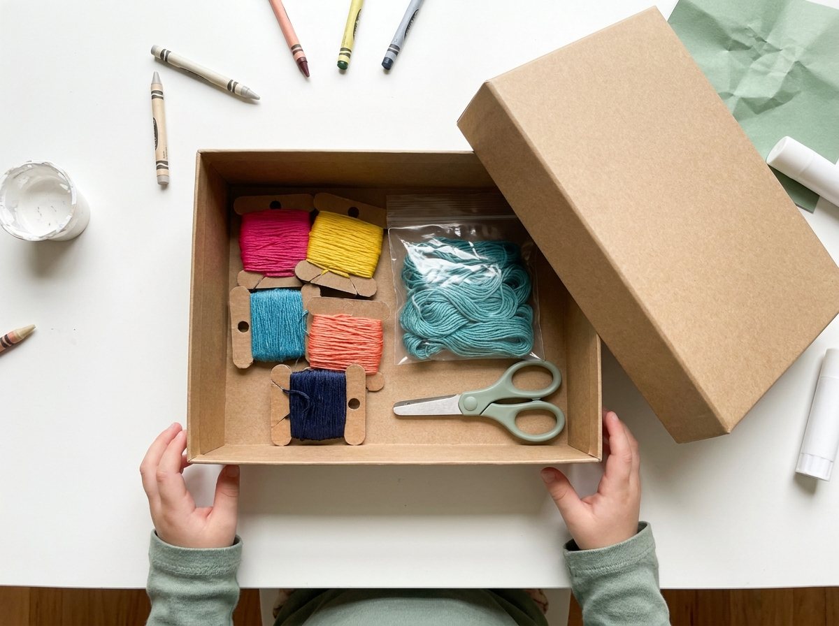 Shoebox holding cardboard floss bobbins in several colors, a zip-top bag of floss and scissors