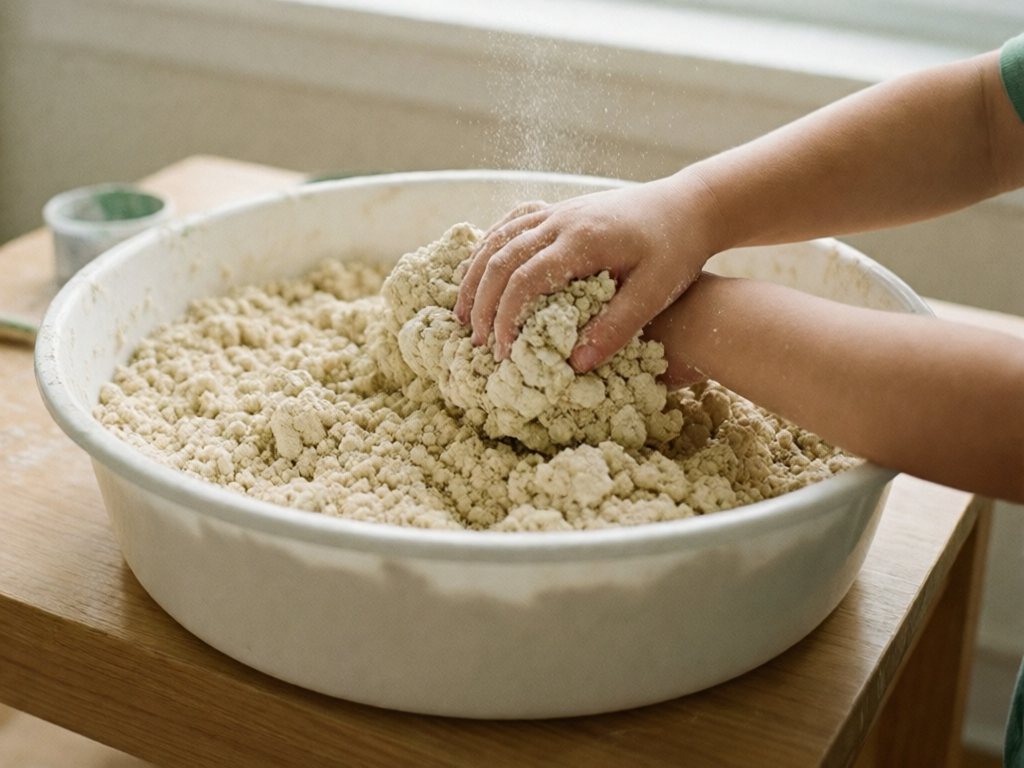 A preschooler's hand squeezing pale cloud dough in a shallow bin on a low table