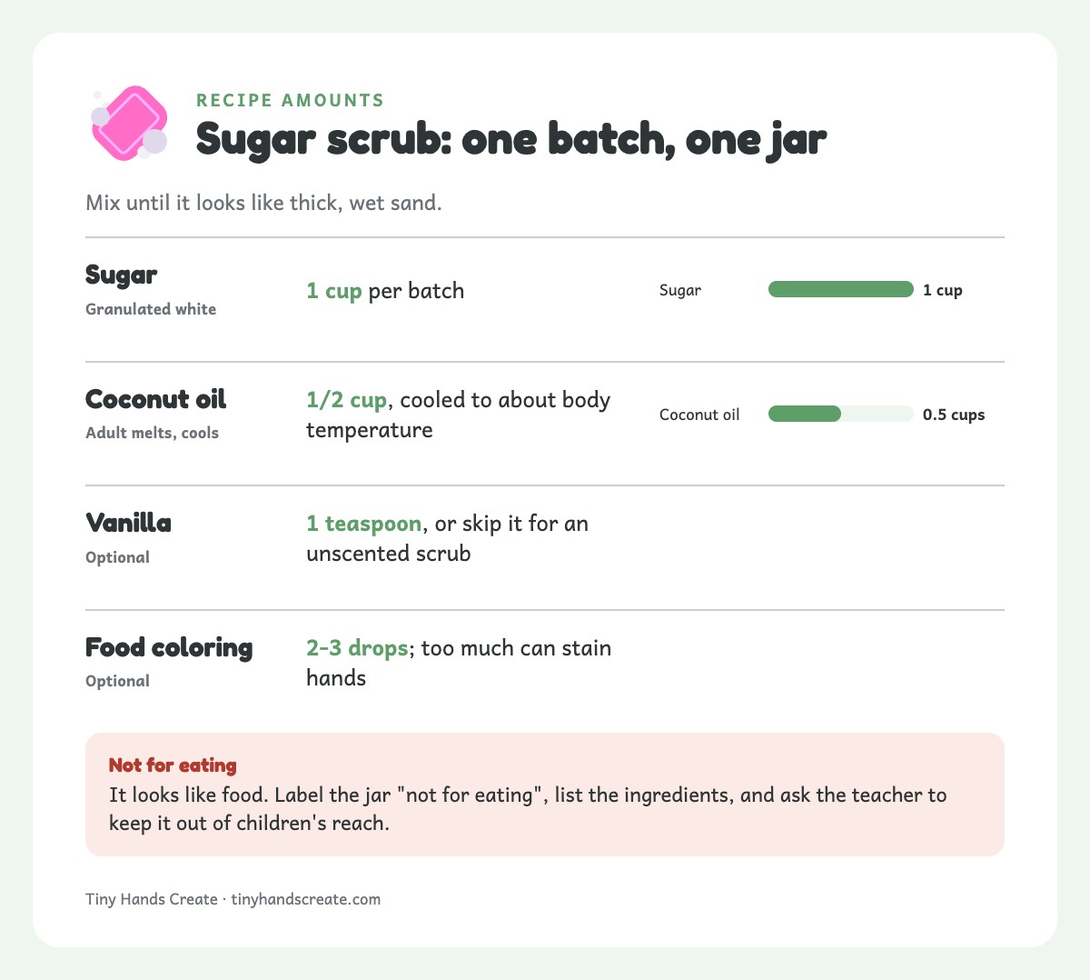 Sugar scrub recipe amounts: 1 cup sugar and 1/2 cup cooled coconut oil per batch, plus optional vanilla and coloring