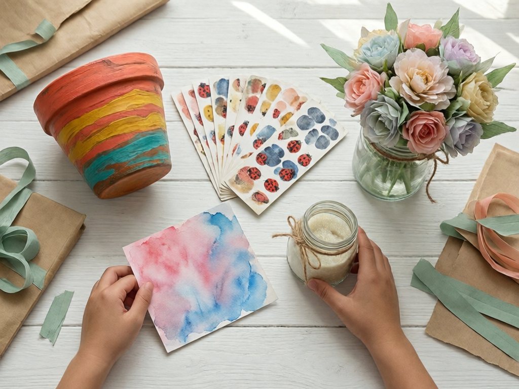 Flat-lay of five handmade teacher gifts: painted pot, bookmarks, watercolor card, sugar scrub jar and tissue flowers