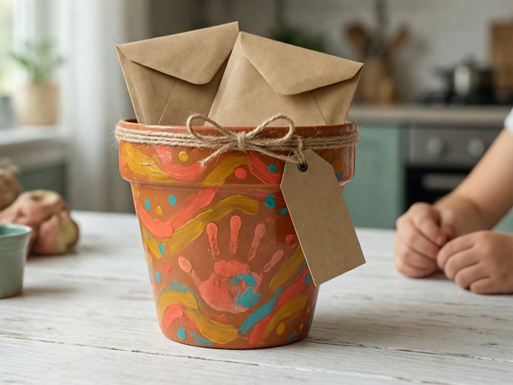 Child-painted terra cotta pot with colorful stripes, seed envelopes and a twine bow