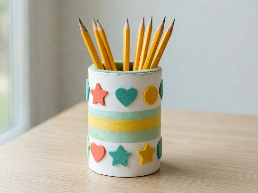 White cardboard canister pencil holder decorated with washi tape and foam shapes, filled with yellow pencils