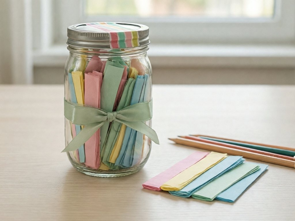 Mason jar filled with folded pastel paper notes, tied with a ribbon, with a few strips and pencils beside it