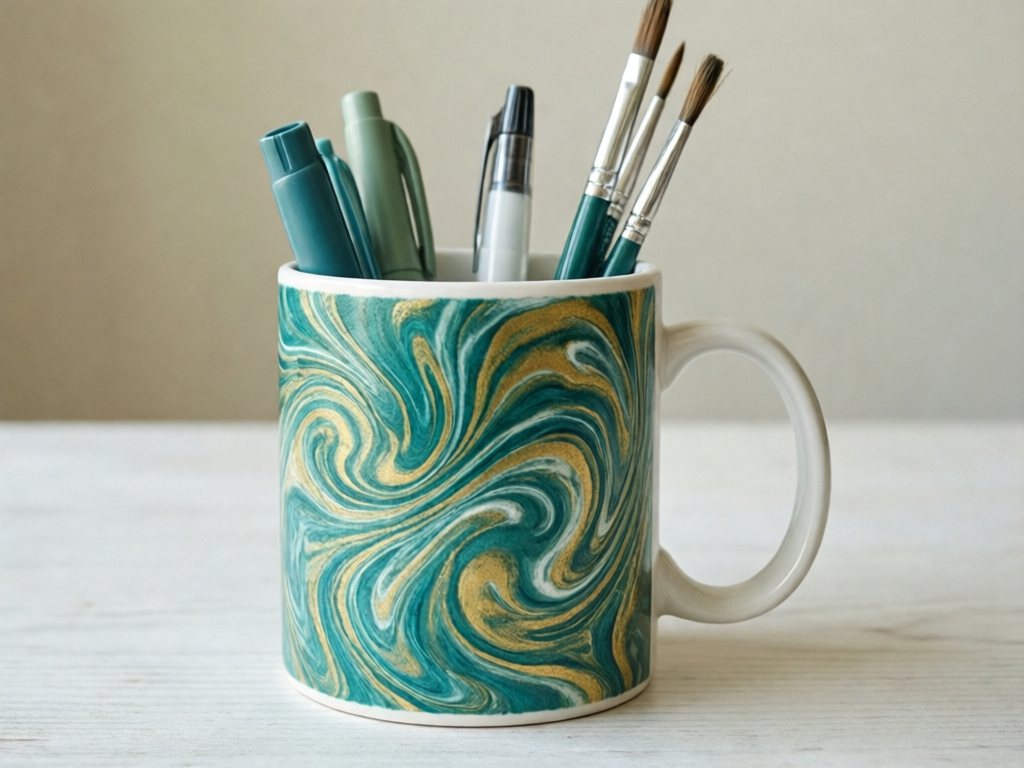 White ceramic mug with teal and gold marbled swirls on the outside, holding pens and paintbrushes