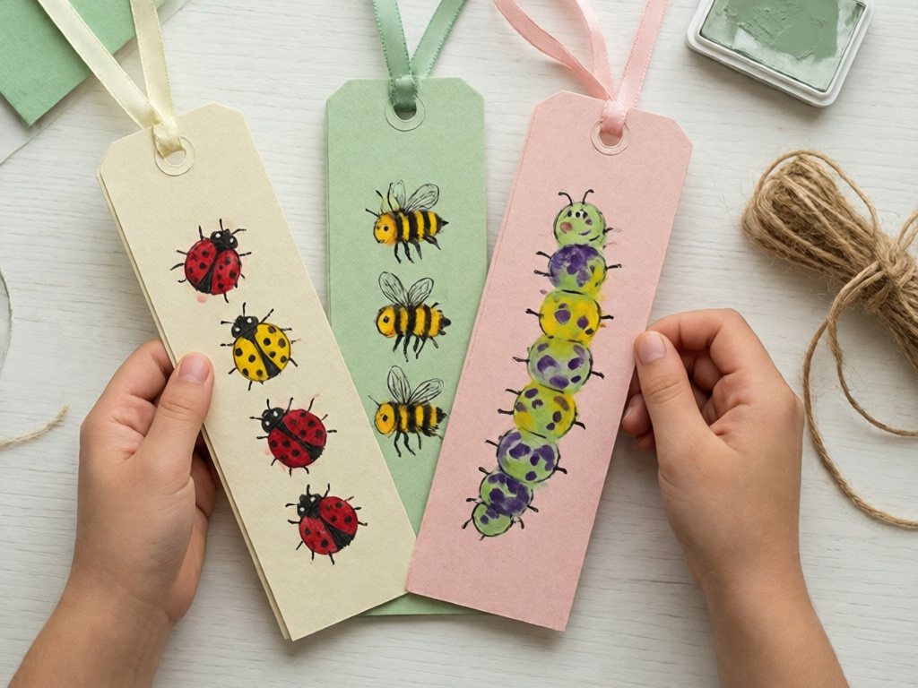 Three laminated thumbprint bookmarks with ladybug, bee and caterpillar drawings and ribbons