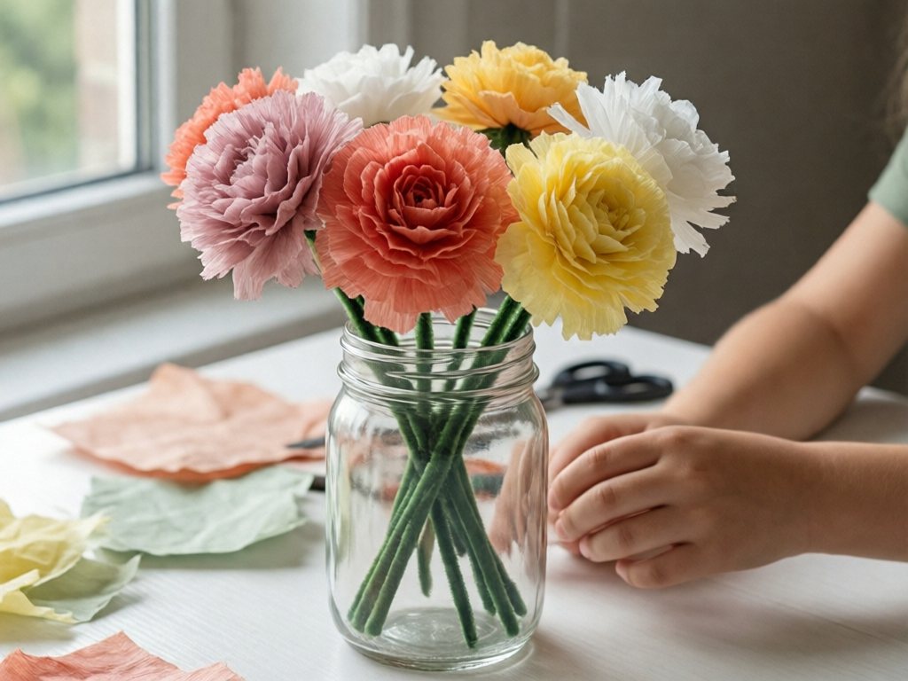 Mason jar of pastel tissue paper flowers on green pipe cleaner stems