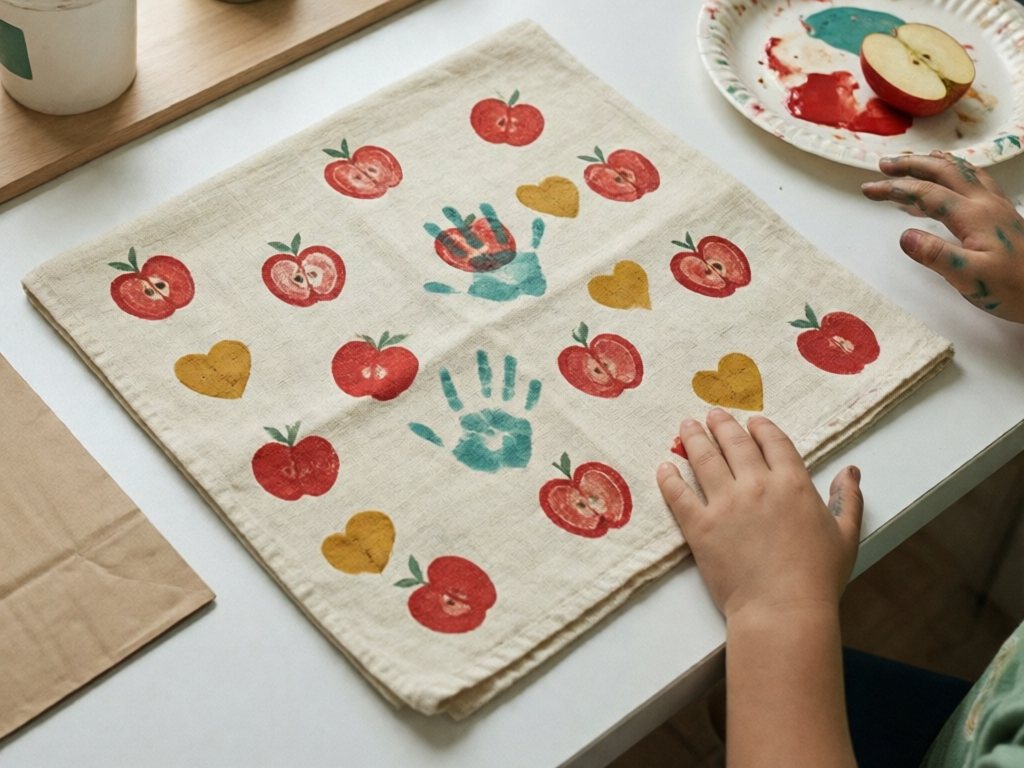 Cream tea towel stamped with red apple prints, teal handprint and mustard hearts