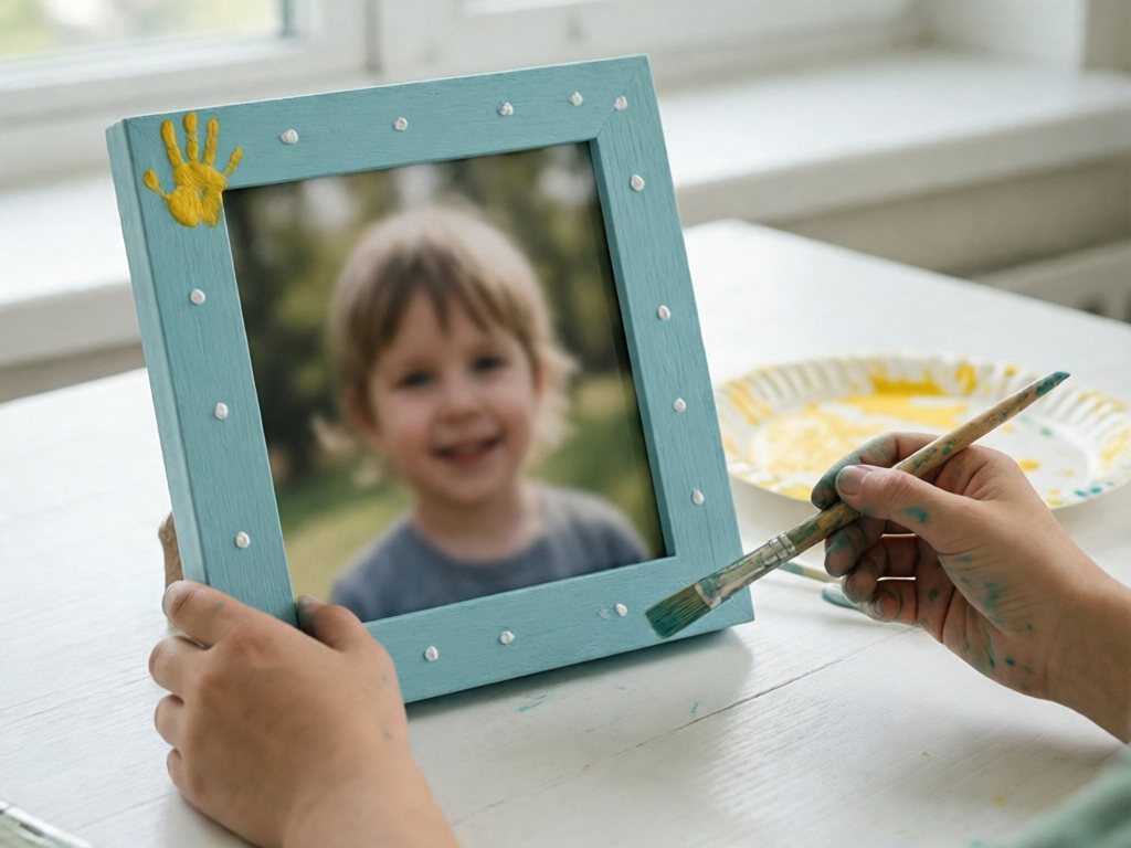 Light blue wooden photo frame with a small yellow handprint in the corner and white dots