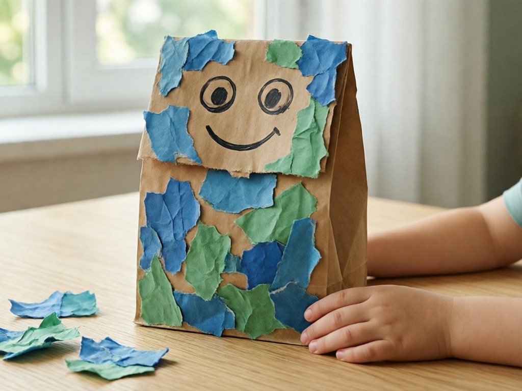 Brown paper bag puppet covered in blue and green tissue paper with marker-drawn eyes and smile