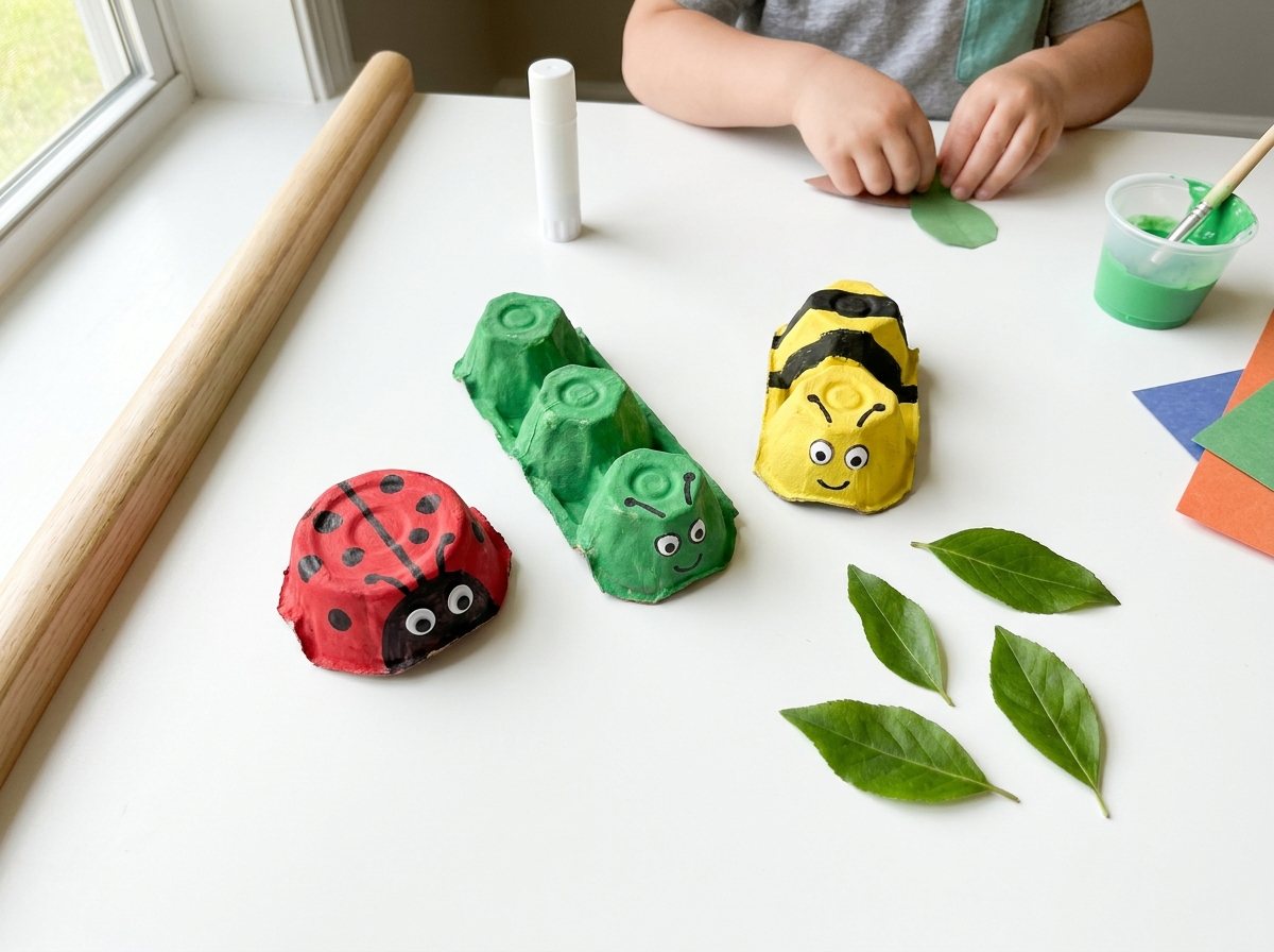 Painted egg carton ladybug, caterpillar and bee with marker eyes on a white table