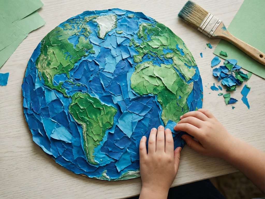 Round cardboard Earth covered with torn blue and green tissue paper