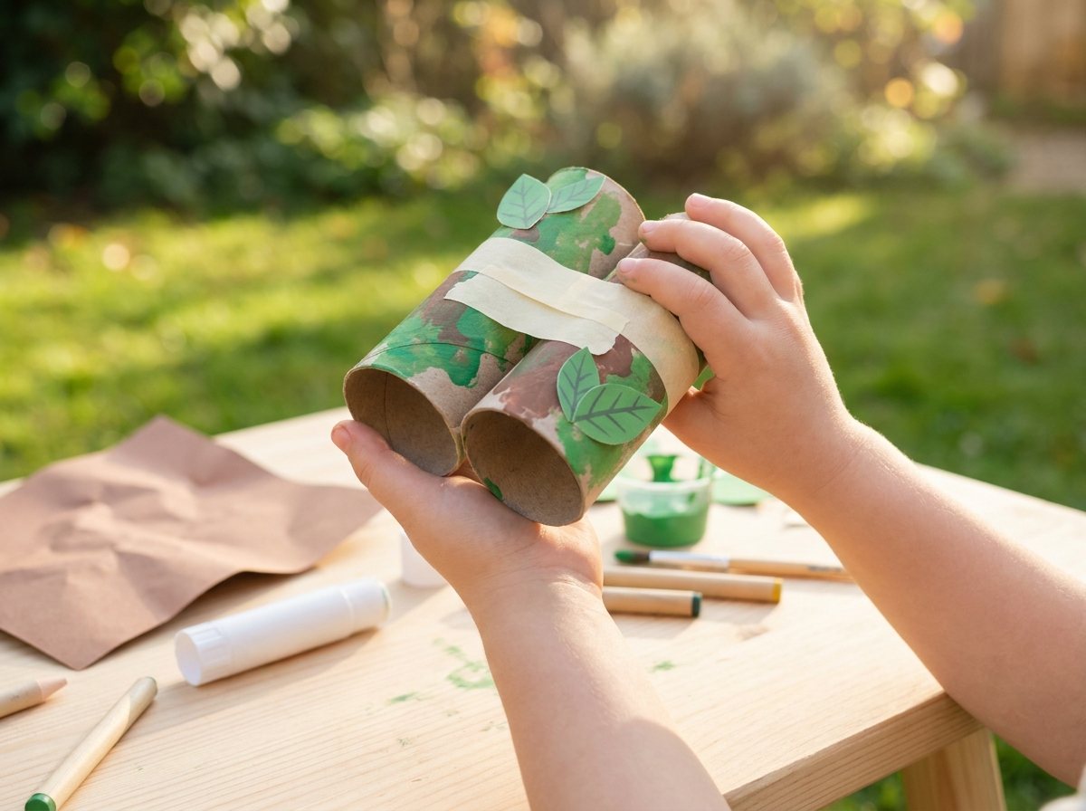Green painted toilet roll binoculars held by child's hands outdoors