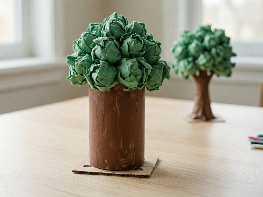 Brown paper towel tube tree with a crumpled green tissue paper canopy
