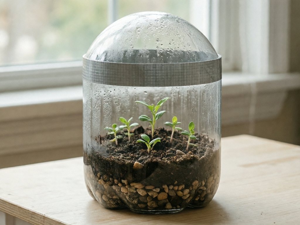 Plastic bottle terrarium with seedlings, soil layers and duct-taped seam on a windowsill