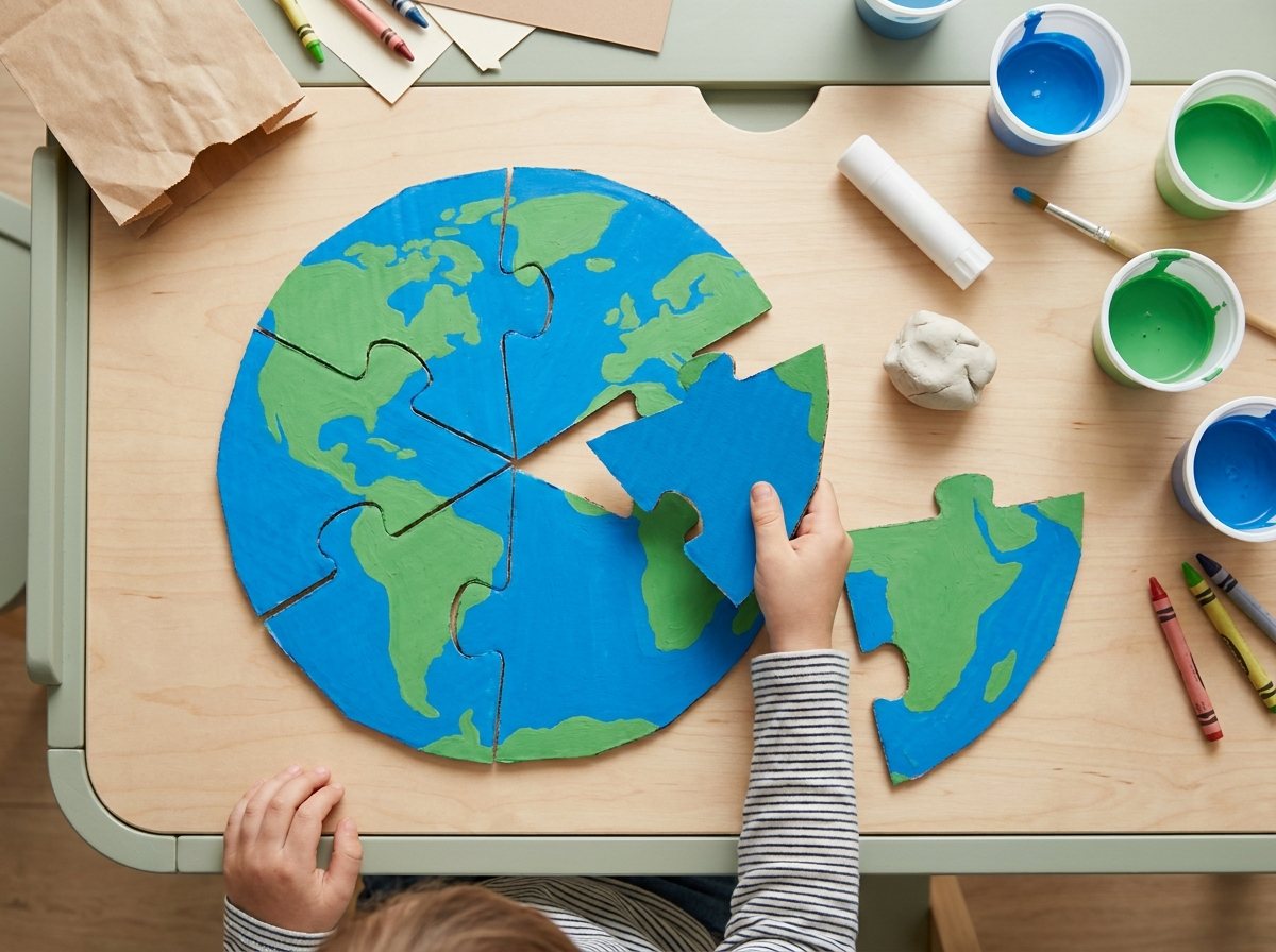 Partly assembled painted cardboard Earth puzzle with two pieces left