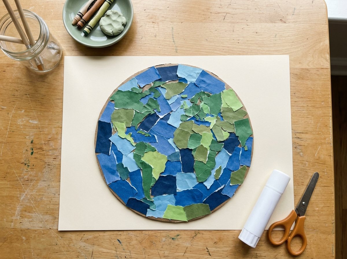 Earth mosaic of overlapping torn blue and green paper pieces on cardboard circle