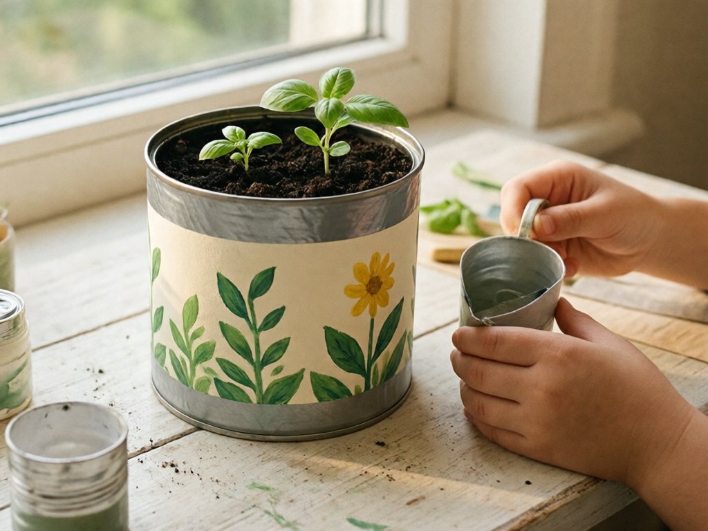 Painted tin can planter with taped rim and basil seedlings on a windowsill
