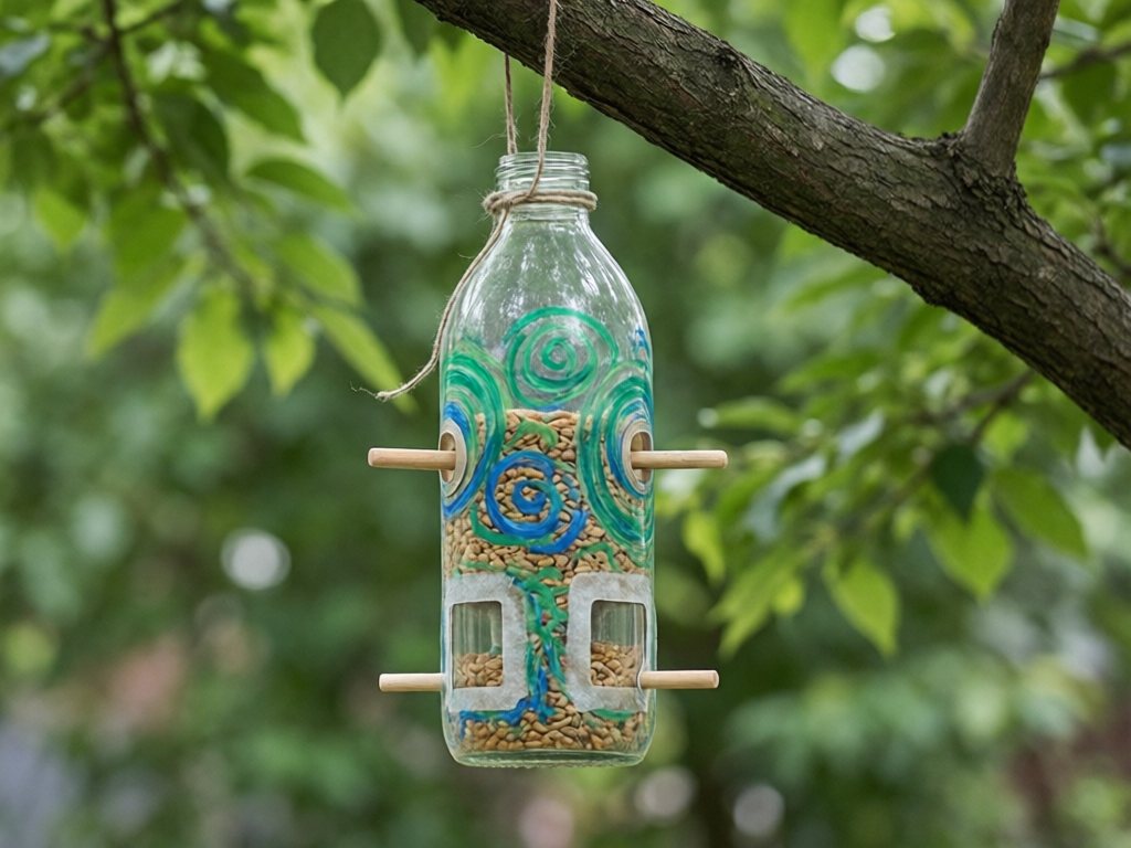 Plastic bottle bird feeder with stick perches hanging high from a tree branch