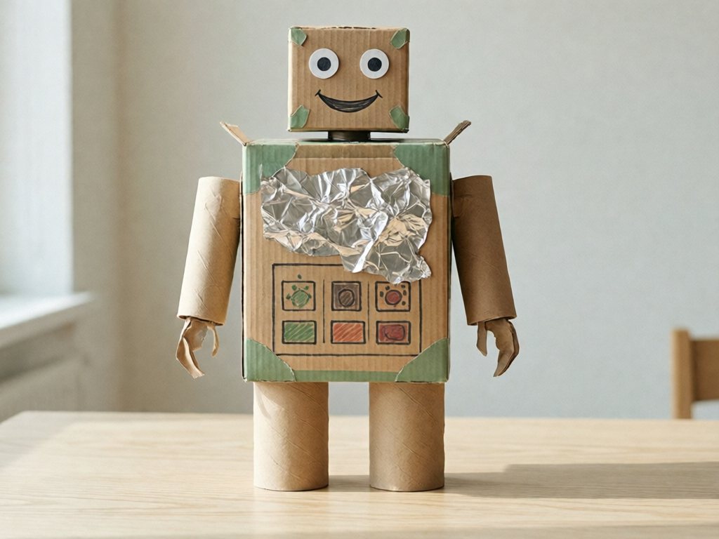 Robot made from cereal box, cardboard tubes, foil and paper circle eyes