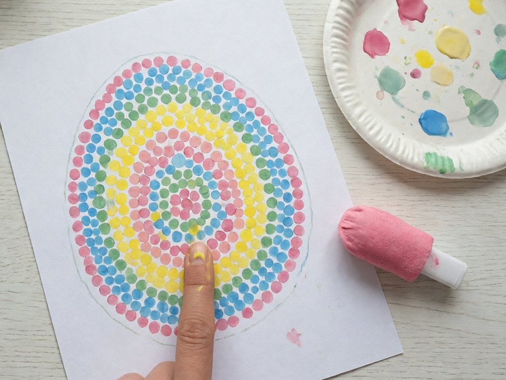 Egg outline filled with pastel paint dots, a fingertip dotting and a foam dauber nearby
