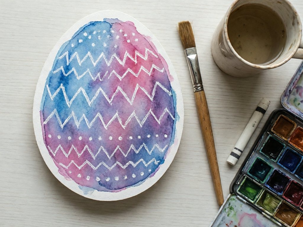 White card stock egg with white crayon zigzags revealed under blue and pink watercolor