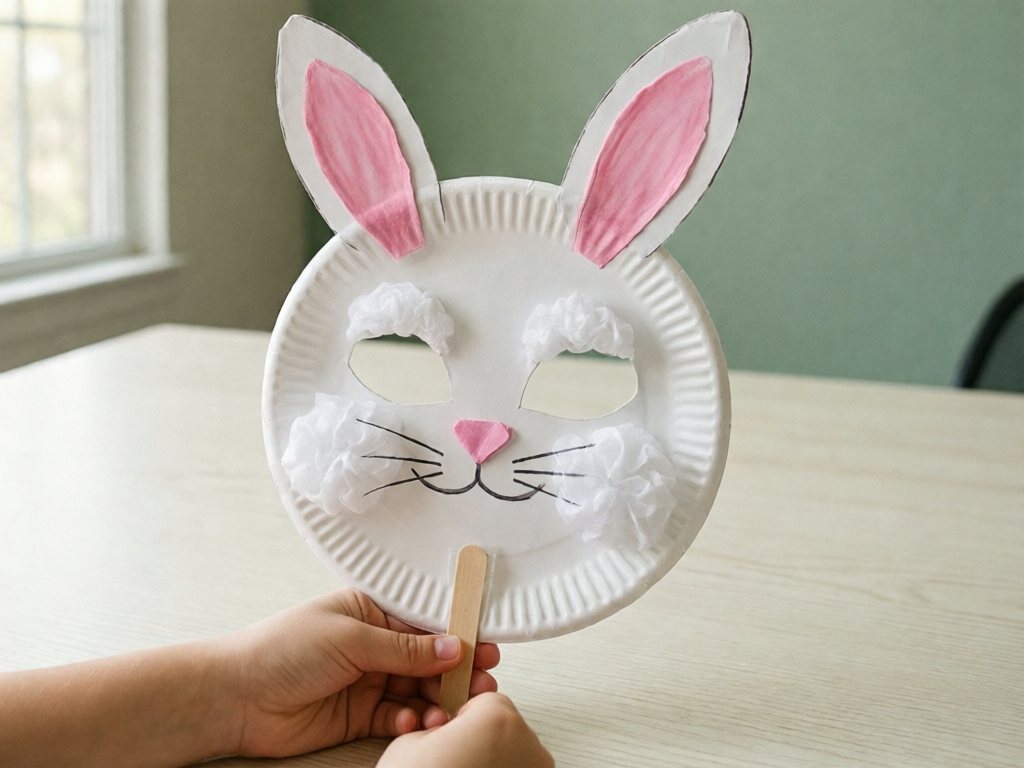Paper plate bunny mask with tall ears, tissue cheeks and a popsicle stick handle